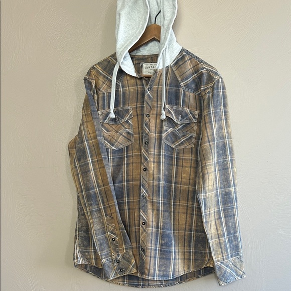 Buckle BKE Brown Vintage Athletic Fit Hooded Plaid Button-Up Shirt. Size Large. - Picture 1 of 10